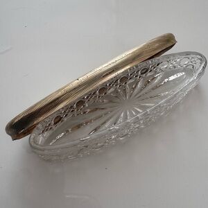 Antique glass oval trinket dish Arts & Crafts Nickel Silver Lid Vanity Pressed
